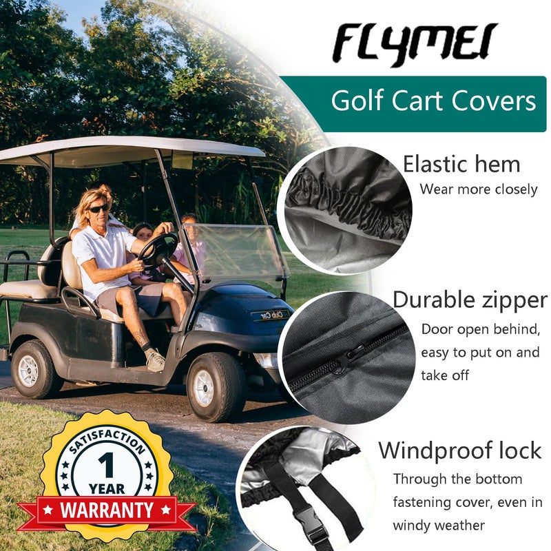 FLYMEI غطاء عربة جولف 4 ركاب من FLYMEI، مقاوم للماء، مقاوم للغبار، أسود، 112 بوصة طول × 48 بوصة عرض × 66 بوصة ارتفاع، يناسب معظم عربات الجولف القياسية 4 ركاب، EZ GO، Club Car، Yamaha - Image 5